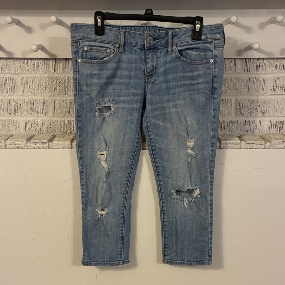 American Eagle Outfitters Women’s Light Blue Distressed Cropped Skinny Jeans 8